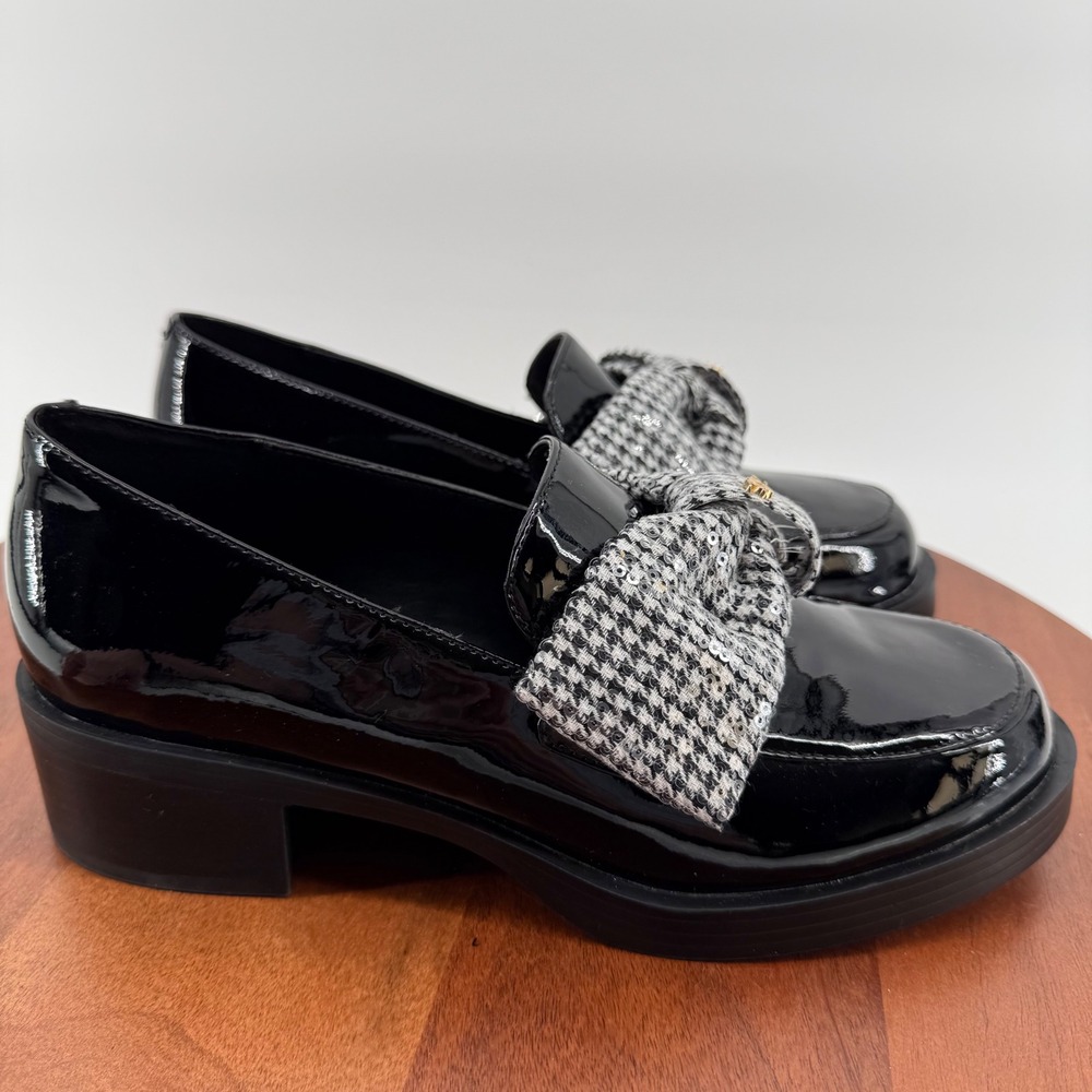 Karl Lagerfeld Paris Camilia Bow Black Patent‎ Houndstooth Sequin Bow Loafers 8M